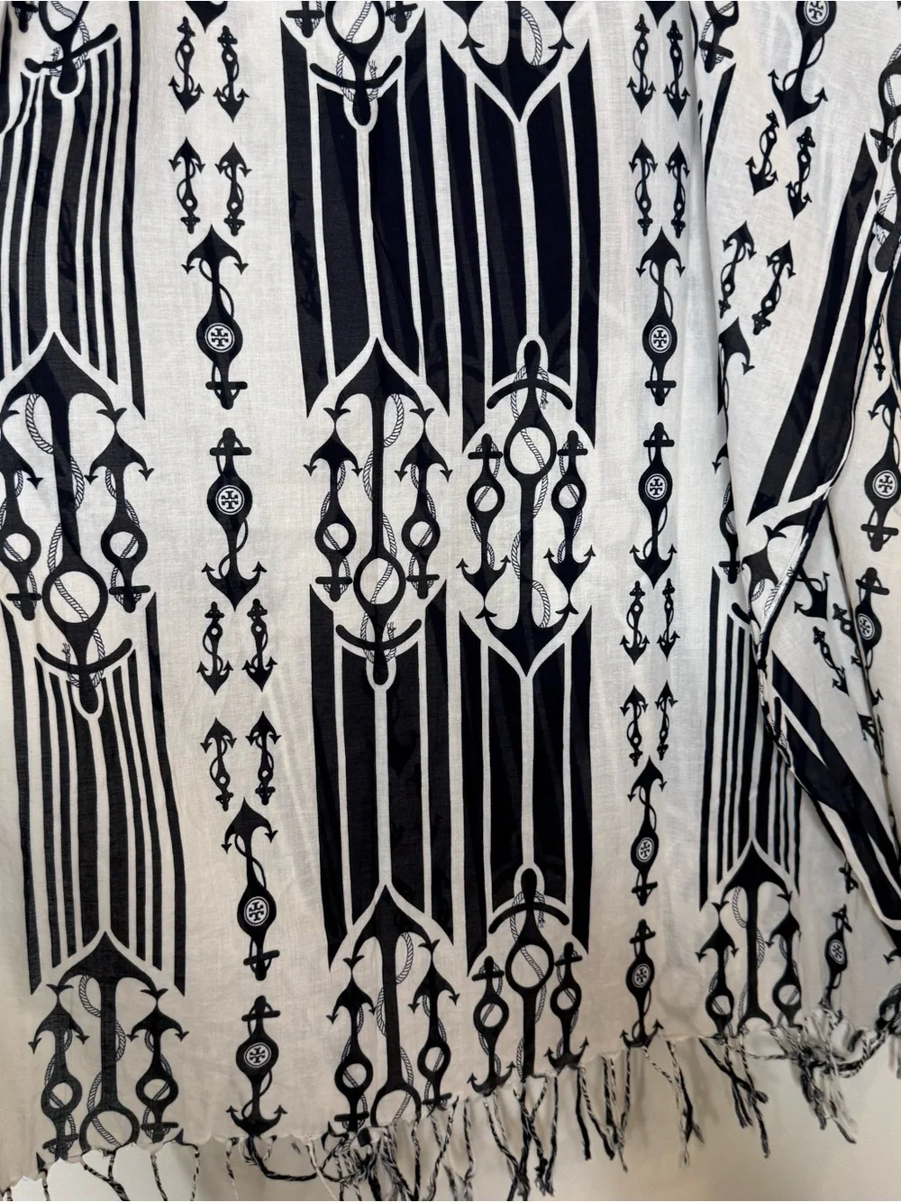 Tory Burch seafaring scarf white and navy nautical anchor pattern fringed edges